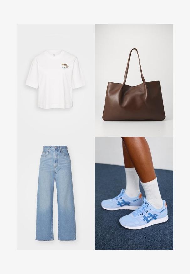 White cotton t-shirt with a relaxed fit, featuring short sleeves and an embroidered design of a straw hat with the text "BLAZING."; Light blue high-waist wide-leg jeans with front button and zip closure, front and back pockets, on a white background.; Legs wearing light blue Asics sneakers with white soles and white crew socks standing on dark carpeted floor.; Brown leather tote bag with a soft, slouchy design. Features two long handles and smooth texture with no visible hardware or patterns.
