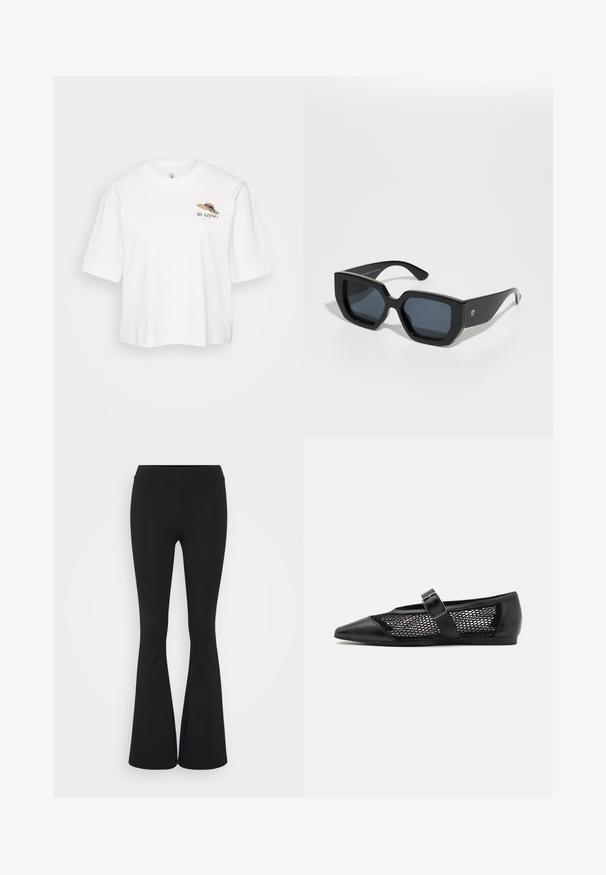 Bílá bavlněná tričko s volným střihem, krátkými rukávy a vyšitým designem slamáku s textem "BLAZING."; Černé zvonové kalhoty vyrobené z elastického materiálu, s vysokým pasem a hladkou texturou. Kalhoty se rozšiřují od kolene.; Černá plochá bota s špičatou špičkou, síťovými postranními panely a páskem s přezkou. Hladký povrch na špičce a patě.; Černé oversized sluneční brýle s geometrickým designem, obdélníkovými skly a lesklým povrchem. Na přední straně není viditelné žádné logo.