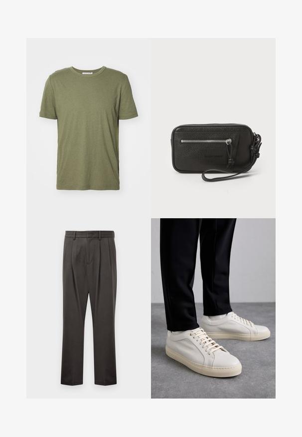 T-shirt de algodão verde-azeitona com mangas curtas, gola redonda e um corte descontraído. Apresenta uma textura sutil e um design sem adornos.; Calças cinza escuras feitas de um tecido texturizado, com frente lisa, pregas, pernas direitas e passadores de cinto. Sem hardware ou padrões visíveis.; Tênis de couro bege claro com atacadores planos, uma superfície texturizada e uma sola de borracha creme contrastante, combinados com calças pretas ajustadas.; Clutch preta em pele com superfície texturizada, bolso frontal com fecho e strap de pulso destacável. Apresenta um logotipo na parte frontal. Forma retangular.