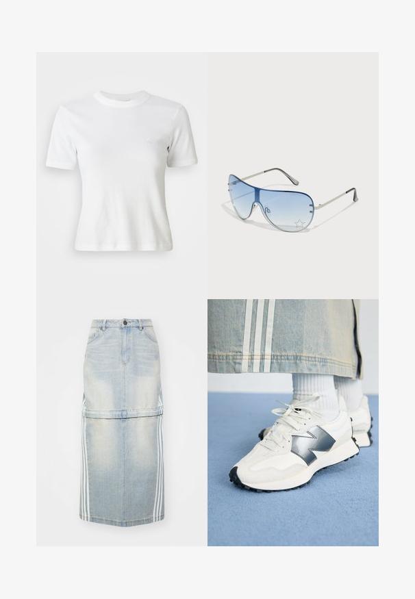 T-shirt branca de manga curta com escama e decote redondo, apresentando um pequeno logótipo no peito. Feita de um tecido suave com um corte ajustado.; Saia midi de ganga em azul claro, com riscas laterais, uma cintura ajustada e bolsos frontais. A textura desgastada adiciona detalhe.; Ténis atléticos brancos com um detalhe prateado, tecido texturizado e couro liso; com uma sola de borracha preta e atacadores.; Óculos de sol aviador com lentes azuis em degradê, armação metálica prateada e detalhes decorativos de estrelas nas lentes. Design suave e elegante.