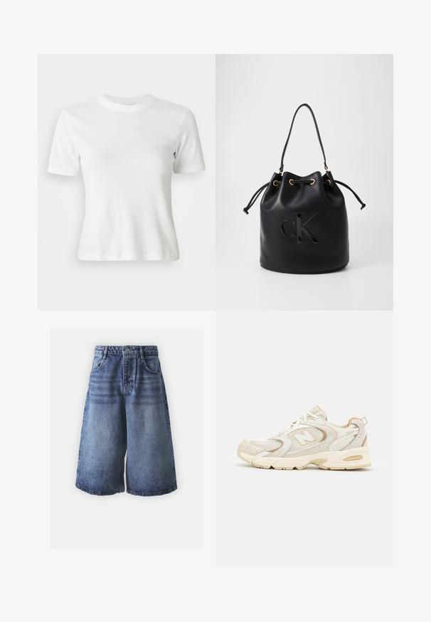 Valge soonikkoes lühikeste varrukatega T-särk ümmarguse kaelusega ja väikese logoga rinnal. Valmistatud pehmest kangast ja sobib hästi selga.; Denim lühikesed püksid helesinise kuni tumesinise gradiendiga, klassikalise viie tasku disainiga, millel on nööpide kinnitamine ja laiad sääred.; Beežid spordijalatsid, millel on võrkpinnaga ja sünteetilised kattekihtid, tekstureeritud pind, pehme kaelus ja "ABZORB" pehmendus kandadel.; Mustast nahkakoti, millel on nööriga sulgemine, esiküljel läikiv "CK" logo ja kuldse tooni dekoratiivsed detailid.