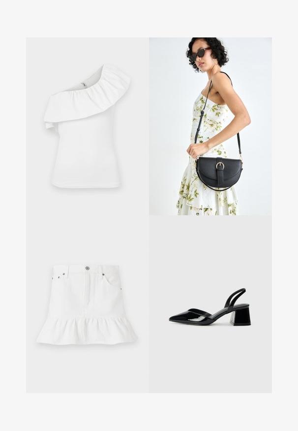 Haut blanc à une épaule avec un col froncé. Fabriqué en tissu léger, il présente une silhouette ajustée et un design d'épaule sans couture.; Jupe en denim blanc avec un ourlet froncé, dotée d'un design à cinq poches, d'une fermeture à boutons à l'avant et d'accents en métal.; Escarpins en cuir verni noir avec bout pointu et talon bloc géométrique. Présente un design élégant et minimaliste ainsi qu'une texture lisse.; Sac à main en cuir noir avec une forme courbée, bandoulière amovible et des accessoires en or. Le sac est doté d'un rabat avec un détail de boucle.