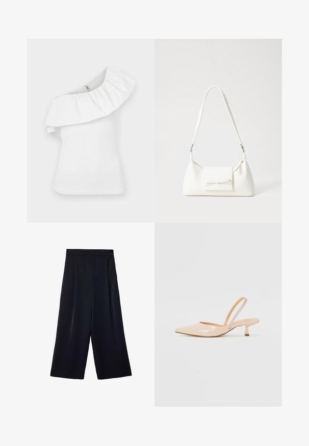 Vit enaxelstopp med ett vågigt halslinning. Tillverkad av lättviktsmaterial, har den en figurnära silhuett och sömlös axeldesign.; Breda svarta byxor i lättviktsmaterial. Har en plisserad front, hög midja och lös passform kring benen.; Beiga patenterade läderkilklackar med spetsig tå och en smal, fyrkantig klack. Slät yta och minimalistisk design utan utsmyckningar.; Vit syntetisk handväska med triangulär form, platt framklaff och rosettdetalj, justerbar rem, slät textur och minimalistisk design.