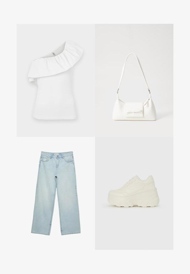 Witte top met één schouder en een geraffineerde halslijn. Gemaakt van lichte stof, heeft het een getailleerde pasvorm en een naadloos ontwerp bij de schouder.; Lichtblauwe wijde spijkerbroek van denim, met een hoge taille, vijf zakken en subtiele vervaging. Rechte snit met omgezoomde randen.; Witte platform sneakers met een gladde leren bovenkant, afgeronde vorm, gewatteerde kraag en een gestructureerde rubberen zool met duidelijke profiel.; Witte synthetische handtas met een driehoekige vorm, platte voorklep en strikdetail, verstelbare schouderriem, gladde textuur en minimalistisch ontwerp.