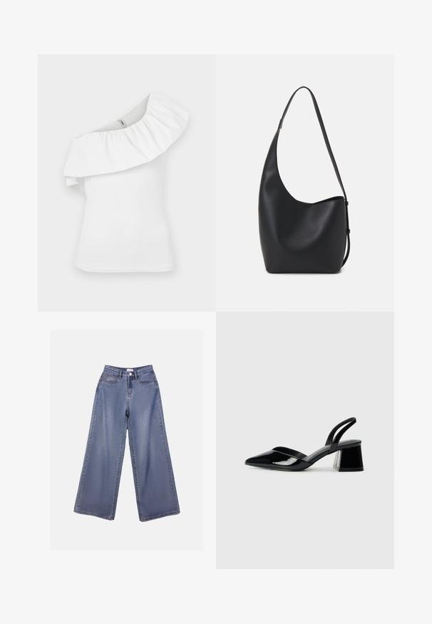 Valge ühele õlale top rütmiga kaelusega. Valmistatud kergest kangast, omab see sobivat siluetti ja sujuvat õlavarre disaini.; Laia sinise pesu laiad teksad, millel on kõrge talje, ees taskud ja nööbilukuga vöörihmade jaoks.; Mustad musta lakknahk kingad, millel on terav varvas ja geomeetriline plokkkonts. Omab elegantselt minimalistlikku disaini ja sujuvat tekstuuri.; Mustast nahast hobo kott, millel on sile tekstuur, kumer kuju ja üks reguleeritav rihm; peal on lai avaus.