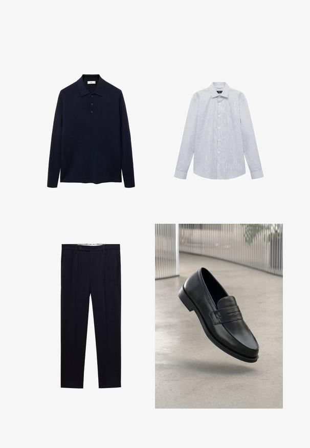 Námorně modré polo tričko s dlouhým rukávem, třemi knoflíky a standardním límečkem, vystavené na bílém pozadí.; Bílá košile s dlouhým rukávem, tenkými vertikálními černými pruhy, s knoflíkovým zapínáním vpředu a klasickým límečkem.; Námořnické modré kalhoty s rovnými nohavicemi, dvojitými záhyby a knoflíkovým zapínáním v pase. Vyrobeny z hladkého materiálu bez vzorů.; Černá kožená mokasína s hladkou texturou, špičatou špičkou a ozdobným páskem přes nárt. Lehká podrážka, minimalistický design.
