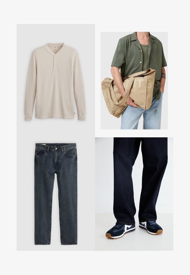 Camisa henley de manga longa em tecido canelado bege claro, com decote em V, paleta de três botões e mangas com punhos. Etiqueta de logotipo vermelha na bainha.; Jeans de denim azul-escuro com um design de perna reta, cinco bolsos e fecho com botão. O tecido apresenta um desvanecimento sutil e textura.; Tênis atléticos em azul marinho e branco com um upper texturizado, cadarços e sola de borracha, combinados com calças de ganga escuras com costuras laranja.; Saco de tela bege com alças grandes, apresentando letras em bloco impressas de um lado. O saco tem uma textura suave e um design espaçoso.