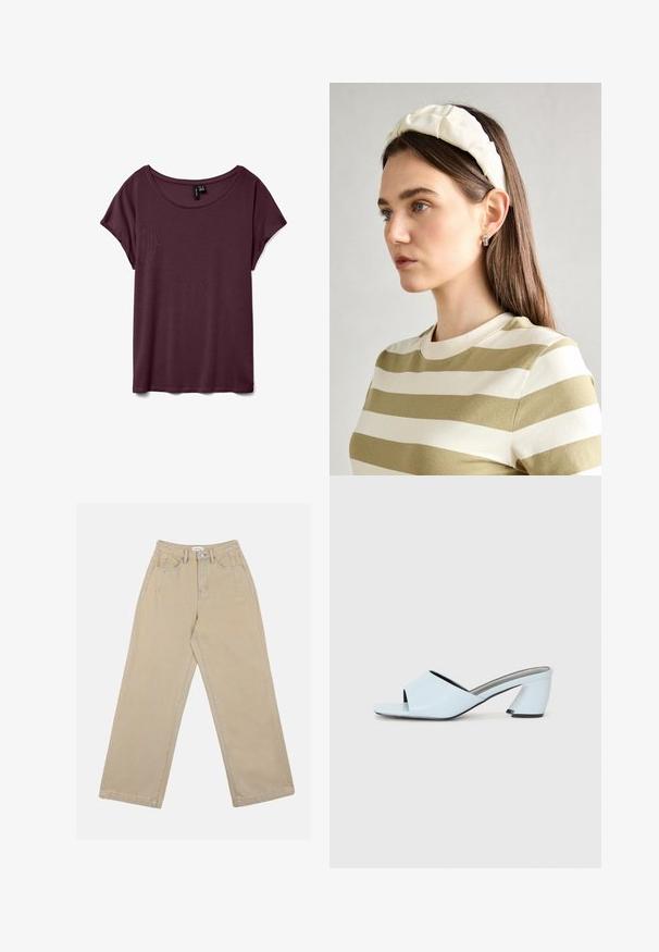 Burgundy színű, rövid ujjú póló, kerek nyakkivágással, puha anyagból, sima textúrával. Szellős szabású, minimális varrási részletekkel rendelkezik.; Beige, széles lábú farmernadrág, mely magas derékkal, elülső zsebekkel és kontrasztos varrásokkal rendelkezik. A dizájn gombos záródást tartalmaz.; Világoskék, nyitott orrú, sarkú mules cipő geometrikus mintázattal, széles pánttal a lábfejen és tömzsi, szögletes sarkal.; Krém színű párnázott fejpánt csavaros kivitelezéssel, bézs és fehér csíkos pólóval párosítva, kerek nyakkivágással. Diszkrét ékszer kiegészítők.