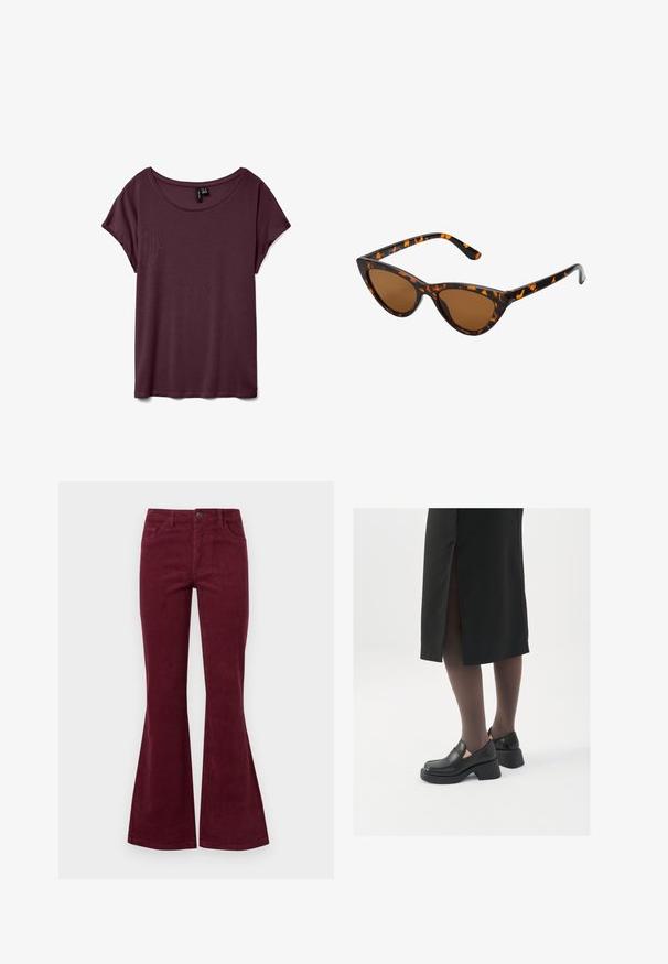 Bordeaux kortærmet t-shirt med rund hals, lavet af blødt stof med en glat overflade. Har en afslappet pasform og minimal syning.; Burgunderfløjeljeans med flammesnit, fem lommer, frontlukning med knap og struktureret stof. Flammerne strækker sig fra knæet til kant.; Sorte lædersko med rund tå, kraftig blokhæl og elastiske sideaccentuer, parret med mørke strømpebukser og en sort nederdel med slids.; Kat-ejede solbriller med en sort og orange skildpaddemønstret stel, brune linser og slanke, spidse ender. Har et minimalistisk logo på skabelsen.