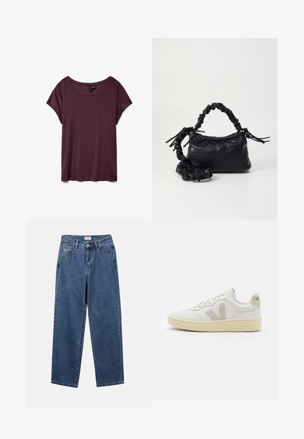 T-shirt corto a maniche corte color porpora, con scollatura rotonda, realizzato in tessuto morbido con una texture liscia. Presenta una vestibilità comoda e dettagli di cucitura minimi.; Jeans in denim blu classico con design a gamba dritta, cinque tasche e chiusura con bottone. Presentano un lavaggio medio e una trama robusta.; Sneaker in pelle bianca con dettagli in suede beige, punta perforata, lacci piatti e suola testurizzata color crema. Presenta un logo discreto sul tallone.; Borsa a tracolla in ecopelle nera con texture a coccodrillo, apertura cinchata e tracolla arricciata. Si presenta con un design morbido e compatto.