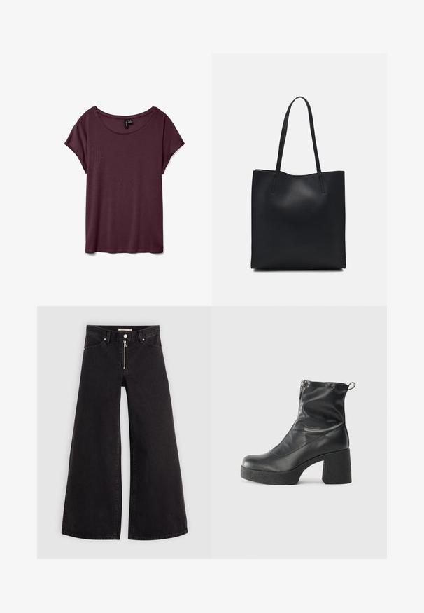 T-shirt curto de manga curta na cor carmesim, com decote redondo, feito de um tecido macio com textura suave. Apresenta um corte descontraído e detalhes de costura mínimos.; Calças de ganga de perna larga em denim preto com fecho éclair à frente, design de cinco bolsos e detalhes de costura subtil. Textura suave e estilo casual.; Botas de tornozelo pretas feitas de couro liso, com fecho lateral, salto grosso texturizado e design de bico arredondado.; Bolsa tote preta em couro com textura lisa, forma retangular e duas alças longas. Sem hardware ou enfeites visíveis.