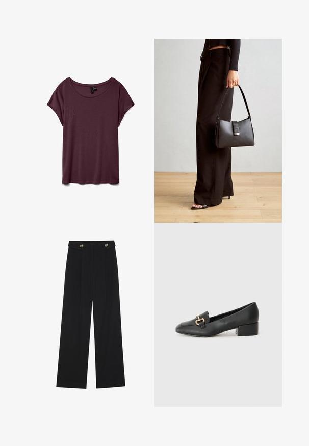 Maroon short-sleeve t-shirt, round neckline, made of soft fabric with a smooth texture. Features a relaxed fit and minimal stitching detail.; Black wide-leg trousers with high waist, button details on waistband, and front pleats.; Black leather loafers with a flat heel, featuring a decorative gold hardware detail on the front and a smooth texture.; Black handbag with structured shape, smooth texture, and a metallic clasp. Paired with wide black pants and open-toe sandals on wooden floor.