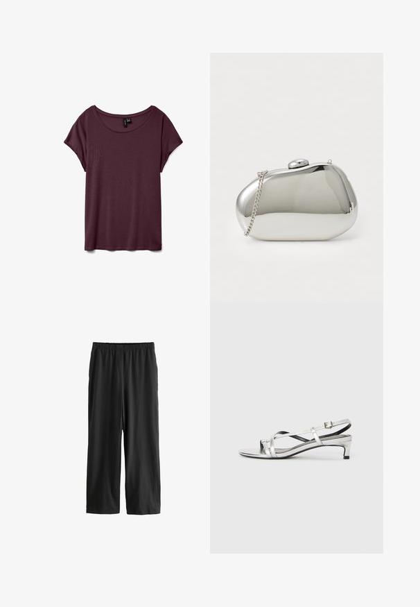 Tumši sarkans īsām piedurknēm T-krekls ar apaļu kakla izgriezumu, izgatavots no mīkstas auduma ar gludu tekstūru. Iezīmē atvieglinātu piegriezumu un minimālu šuvju detaļu.; Melnas, līdz ceļiem garas bikses, kas izgatavotas no vieglas auduma. Elastīgs jostasvērums un gluda tekstūra ar taisnu kāju dizainu. Nav redzamu detaļu vai rakstiem.; Sudraba metāliska slēgta papēža sandale ar zemu papēdi, kurai ir krustveida siksnas un gluda virsma. Minimalistisks dizains.; Sudraba metāla soma ar noapaļotu, gludu formu. Aprīkota ar sprādzi un noņemamu ķēdes siksnu. Spoguļojoša virsma bez rakstiem.