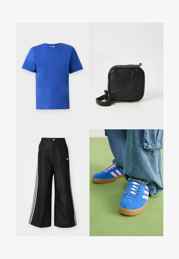 Majica s kratkim rukavima u svijetloplavoj pamučnoj tkanini, s okruglim izrezom i glatkom teksturom bez vidljivih uzoraka ili akcenata.; Crne široke traper hlače s tri bijele pruge sa svake strane i malim bijelim logom. Ima prednje džepove i preklop s gumbom.; Plave zamšne cipele s ružičastim prugama i bijelim vezicama, s gumenim potplatom, u kombinaciji s širokim trapericama na zelenoj podlozi.; Crna kvadratna torbica preko tijela napravljena od teksturiranog sintetičkog materijala. Ima urezani dizajn logotipa i podesivu traku. Zatvaranje na patentni zatvarač.