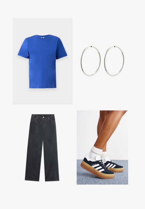 Kortärmad t-shirt i klarblått bomull, med rund halsringning och en smidig textur utan synliga mönster eller detaljer.; Breda byxor i mörkgrå kordflöd, med knappstängning, fyra fickor och en mjukt strukturerad yta.; Svarta sneakers i mocka med vita ränder och detaljer, rundad tå, yttersula i gummiblandning, kombinerade med vita ribbade crew-strumpor.; Silver hoops med en smidig, polerad yta. Cirkulär form, konsekvent bredd, designade för enkel knäppning. Enkla och eleganta.