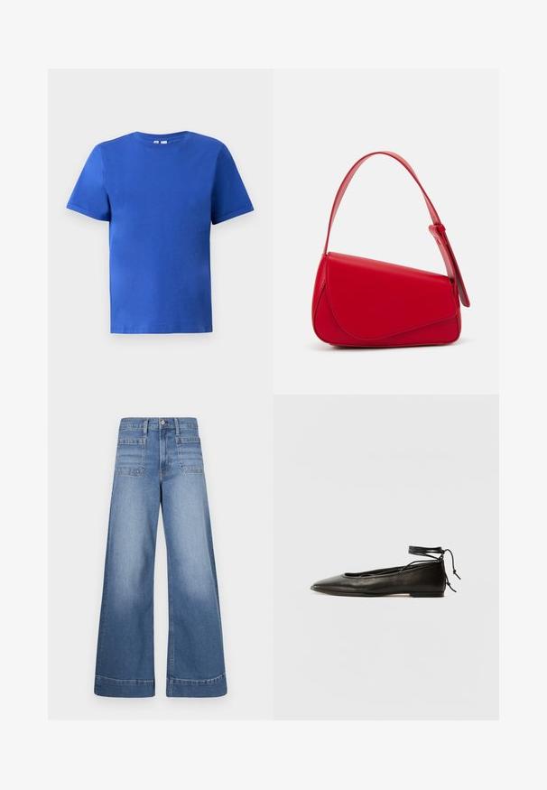 Majica s kratkim rukavima u svijetloplavoj pamučnoj tkanini, s okruglim izrezom i glatkom teksturom bez vidljivih uzoraka ili akcenata.; Široke traperice plave boje s visokim strukom, dva prednja džepa i dva stražnja džepa, s čistim završetkom i suptilnim izblijedjenjem.; Crne kožne baletanke s oštrim prstom, vezanjem oko članaka i ravnim potplatom, s glatkom teksturom i minimalističkim dizajnom.; Crvena kožna torba s kutnim, geometrijskim dizajnom. Ima jedan podesivi remen i preklopni zatvarač sa šivenim detaljima.