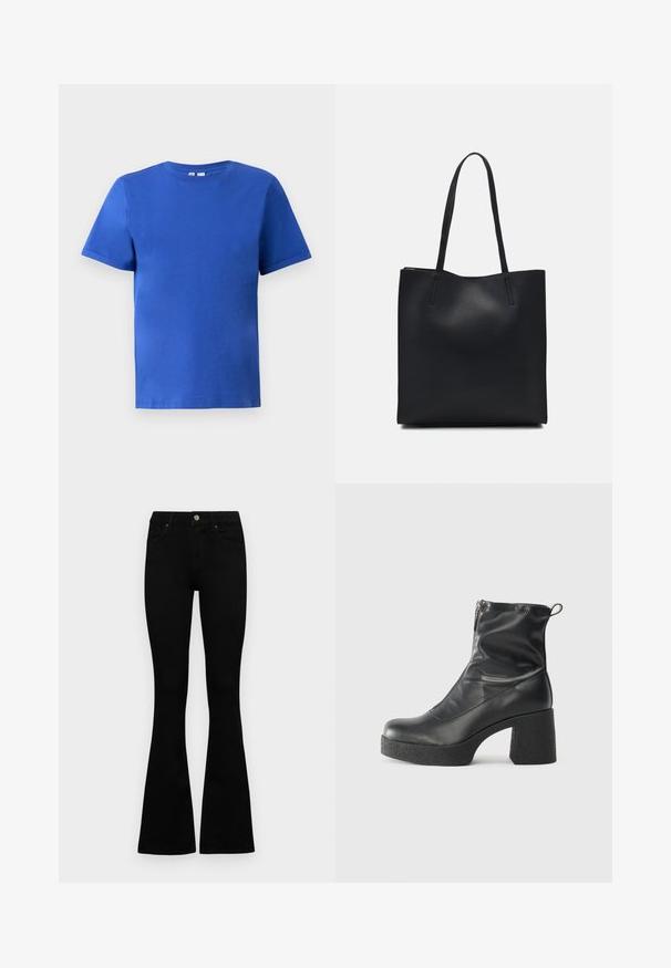 Short-sleeve T-shirt in bright blue cotton, featuring a crew neckline and a smooth texture with no visible patterns or accents.; Black high-waist jeans with a button and zip closure, front pockets, and flared legs laid flat on a white background.; Black ankle boots made of smooth leather, featuring a side zipper, chunky textured heel, and rounded toe design.; Black leather tote bag with smooth texture, rectangular shape, and two long handles. No visible hardware or embellishments.