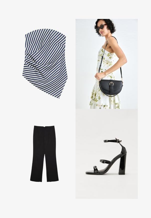 Tkanina w niebiesko-białe paski, z ukośnymi liniami i miękkimi fałdami. Materiał wydaje się gładki z delikatnym połyskiem i wyraźnymi krawędziami.; Czarne spodnie o prostym kroju, z przednimi kieszeniami i bocznymi rozcięciami na dole. Wykonane z miękkiego, gładkiego materiału. Odpowiednie na różne okazje.; Czarne lakierowane sandały na obcasie z kwadratowym noskiem, z paskami wokół kostki i srebrnymi klamrami. Posiadają masywny słupek dla stabilności.; Czarna skórzana torebka o zakrzywionym kształcie, z odpinanym paskiem i złotymi akcentami. Torebka posiada klapę z zapięciem w kształcie klamry.