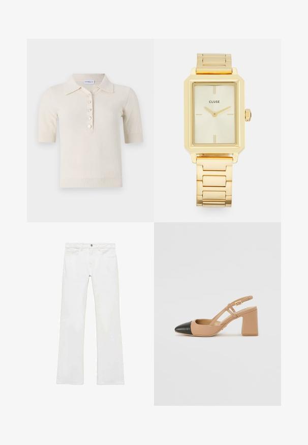 Cremfarbener Poloshirt mit kurzen Ärmeln und texturierter Oberfläche, mit einem Kragen und fünf Knopfverschlüssen auf der Vorderseite.; Weiße, ausgestellte Jeans aus einem glatten Baumwollstoff, mit fünf Taschen, einem Metallknopfverschluss und Gürtelschlaufen. Die Beine haben ein leichtes Verfeinerungsdetail.; Beige Slingback-Schuh mit schwarzer Kappe, quadratischem Absatz und zwei Riemenakzenten, aus glattem Material gefertigt.; Goldfarbene rechteckige Armbanduhr mit minimalistischem Design, ausgestattet mit einem cremfarbenen Zifferblatt, goldenen Zeigern und einem Gliederarmband aus Metall. Die Markierungen umfassen den Markennamen.