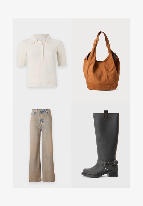 Kremna polo majica s kratkimi rokavi z teksturiranim finishom, ki ima ovratnik in pet gumbov spredaj.; Svijetloplave široke traperice s visokim strukom, izrađene od denima. Imaju suptilnu šavnu obradu i pet džepova, s blago izblijeđenom teksturom.; Črne usnjene škornje do kolen z teksturirano obdelavo, ki imajo stranski sponko in nizko peto. Podrobno šivanje po šivih.; Rjava semiš torba za ramo z mehkobo, ukrivljeno obliko in dvema ročajema. Ima minimalen dizajn brez vidnih kovinskih delov ali okrasnih elementov.