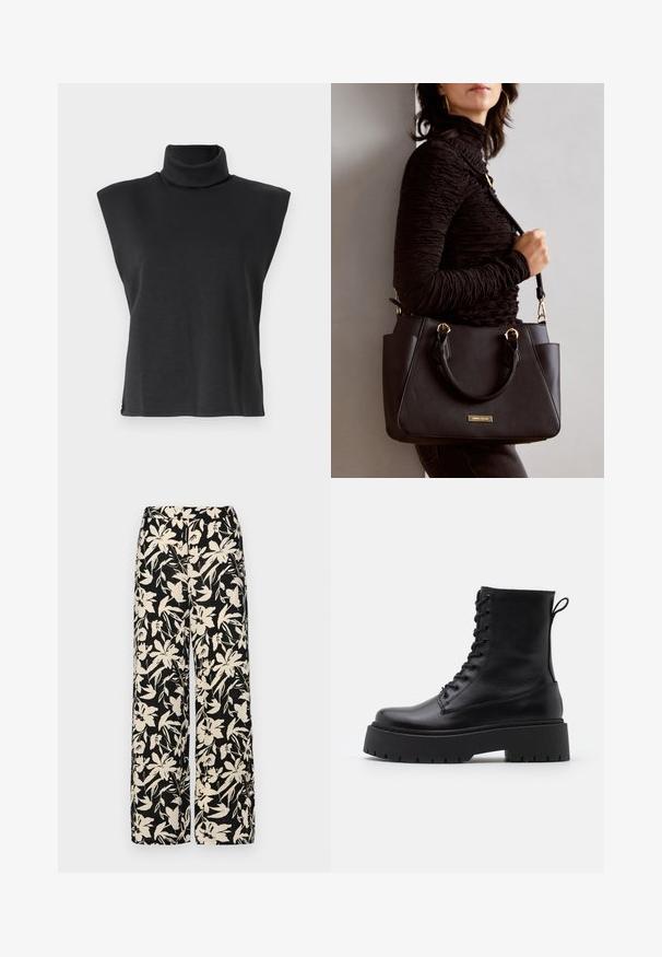 Mustat hihattomat yläosat, joissa on korkea, kääritty kaula-aukko. Valmistettu sileästä kankaasta, jossa on rento istuvuus ja siistit reunat, suunniteltu mukavuutta varten.; Mustat leveälahkeiset housut, joissa on kermaisen värinen kukkakuosi. Valmistettu kevyestä kankaasta, jossa on sileä pinta ja korkea vyötärö.; Musta nahkainen nilkkureita, joissa on pyöreä kärki, nauhakiinnitys edessä ja paksu kumipohja, jossa on teksturoitu pinta. Takana vetotappi.; Musta käsilaukku, jossa on teksturoitu pinta, kaksi yläkantta ja säädettävä olkahihna. Varustettu kultasävyisillä varusteilla ja sivutaskuilla.