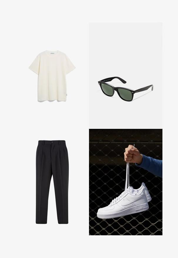 ARMEDANGELS MAARKOS WAFFLE - T-shirt basic - oatmilk; Zwarte broek met een geplooid design aan de voorkant, gemaakt van soepel stof. Voorzien van een knoopsluiting en riemlussen; rechte pasvorm.; Witte leren sneakers met perforaties, ronde neus, vlakke zool en dikke veters, met een zichtbare swoosh-logo en "AIR" op de hiel.; Zwarte plastic zonnebril met groene lenzen, vierkante montuur, zilveren accent op de wenkbrauw en een gestructureerde tempel. Merken vermeld op de binnenkant van de arm.