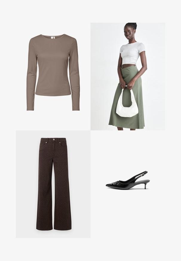 Langermet, tettsittende T-skjorte med rund hals i ensfarget taupe med en enkel design og ribbet tekstur.; Brune vide benbukser med et subtilt leopardmønster, lavet af denim med en glat tekstur og klassisk fem-lomme-design.; Sorte skinnert remsandaler med spiss tå, liten kittenhæl og en dekorativ knute detalj foran. Glatt tekstur gjennom hele.; Grå ribbet topp og olivengrønn høy midje skjørt. Modellen holder en hvit skulderveske med utskjæringsdetaljer. Enkelt design, tettsittende silhuett.