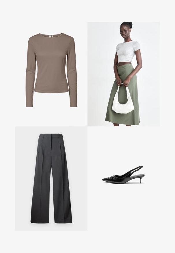 Long-sleeve fitted crew neck shirt in solid taupe color with a plain design and ribbed texture.; Wide-leg trousers in dark gray fabric, featuring a high waist, single pleats, and a smooth texture with a clean finish at the hems.; Black leather slingback heels with a pointed toe, small kitten heel, and a decorative knot detail on the front. Smooth texture throughout.; Gray ribbed crop top and olive green high-waisted skirt. Model holds a white shoulder bag with cut-out detailing. Simple design, fitted silhouette.