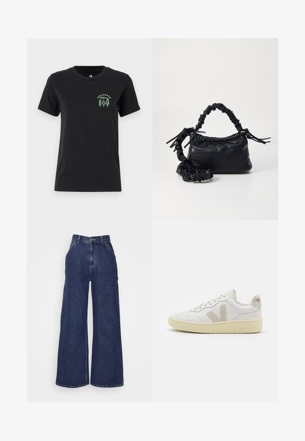 Converse FOREST ART TEE - T-shirts print - black; Bredde denimjeans i mørkeblå, med høj talje, for- og baglommer samt lynlås med metalknap. Glat tekstur og klassisk design.; Hvide lærreds sneakers med beige ruskindsdetaljer, perforeret tåboks, flade snørebånd og en struktureret cremefarvet sål. Har diskret branding på hælen.; Sort kunstlæder håndtaske med krokodilteksur, indsnøret top og en sammenkrøben rem. Ser blød og kompakt ud i designet.