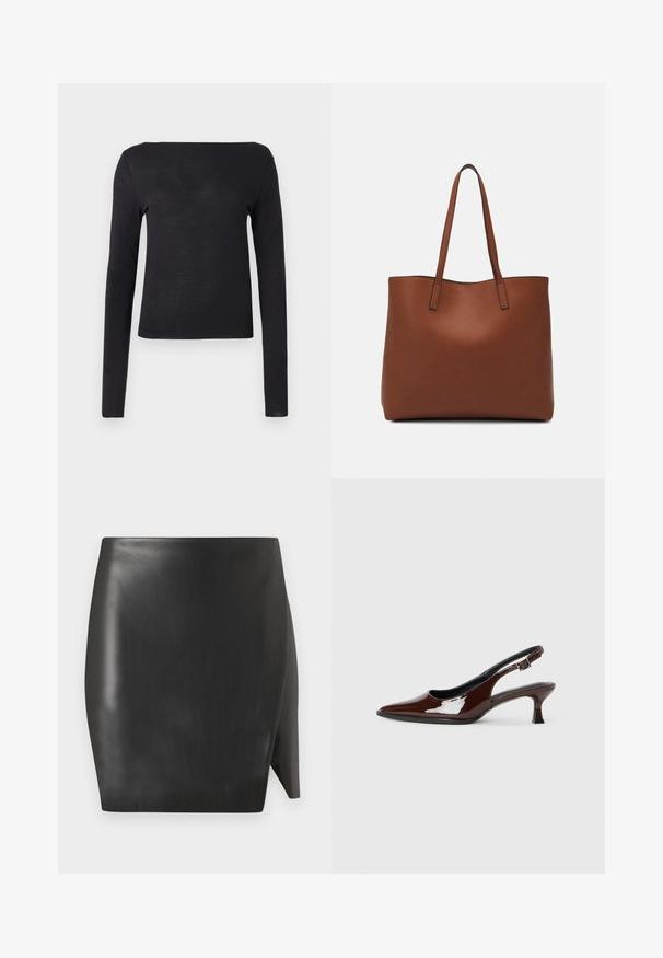Fekete, hosszú ujjú póló egyenes nyakkivágással és testhezálló fazonnal, puha, könnyű anyagból készült. Egyszerű, egyszínű, mintázat nélkül.; Fekete bőr mini szoknya sima textúrával, egyenes siluettel és aszimmetrikus szegéllyel az egyik oldalon.; Barna lakkbőr slingback cipő hegyes orral és mérsékelt sarkal. Biztonságos illeszkedést biztosító csattal rendelkezik. Sima textúra.; Barna bőr vászontáska sima textúrával, nyitott tetejű dizájnnal és két vállpánttal. Minimális varrással és látható hardver nélkül készült.