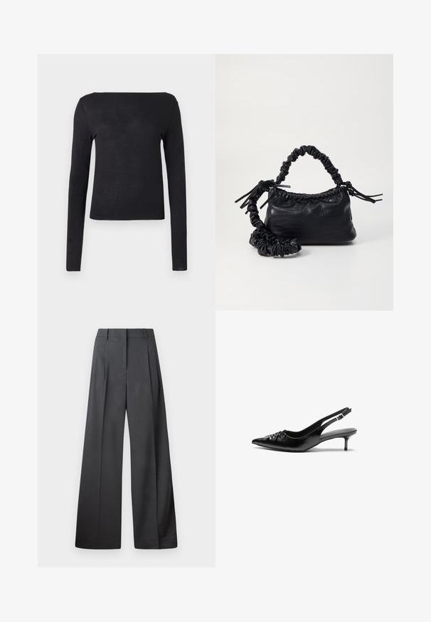 Fekete, hosszú ujjú póló egyenes nyakkivágással és testhezálló fazonnal, puha, könnyű anyagból készült. Egyszerű, egyszínű, mintázat nélkül.; Széles szárú nadrág sötétszürke anyagból, magas derekú, egyes redőkkel, sima textúrával és tiszta befejezéssel a szegélyeken.; Fekete bőrből készült slingback magassarkú cipők hegyes orral, kis francia sarokkal és díszes csomóval az elején. Az egész felületen sima textúra.; Fekete műbőr kézi táska krokodil bőr textúrával, összehúzható tetejű és gyűrt pánttal. Lágy és kompakt dizájnúnak tűnik.