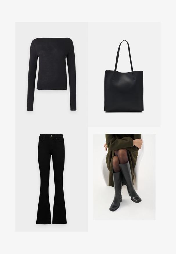 Svart langermet skjorte med rett utringning og tettsittende design, laget av et mykt og lett materiale. Enkel og ensfarget uten mønstre.; Sorte høytlivsjeans med knapp og glidelås, frontlommer og utsvingte bein liggende flatt på en hvit bakgrunn.; Knæhøye sorte lærstøvler med firkantet tå og blokkhelt, vist med en modell som sitter iført en olivengrønn kåpe. Glatt tekstur, minimal detaljering.; Svart lær tote bag med glatt tekstur, rektangulær form og to lange håndtak. Ingen synlige deler eller dekorasjoner.
