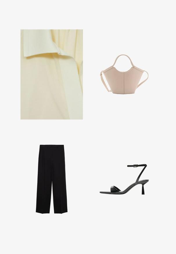 Světlý žlutý textil s texturovaným povrchem, který má hladký, mírně vyvýšený pruh podél okraje. Žádné jasně vyznačené vzory ani akcenty.; Černé široké kalhoty s hladkým materiálem, s plisováním v přední části a bočními kapsami, navržené s rovný, uvolněný střih.; Bershka Sandály na vysokém podpatku - black; Beige kožená kabelka s jedinečným tvarem, vybavená dvěma krátkými uchy a dlouhým nastavitelným popruhem. Hladká textura s minimem kovových doplňků.
