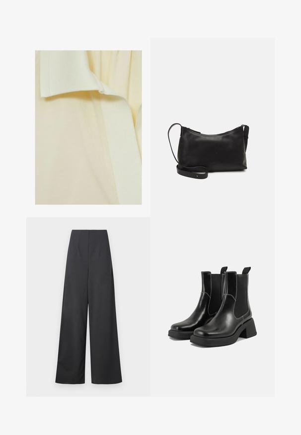 Tessuto giallo chiaro con una superficie texture, caratterizzato da una fascia liscia e leggermente in rilievo lungo il bordo. Nessun motivo o accento distintivo.; Pantaloni a vita alta, a gamba larga in tessuto grigio scuro con una texture liscia. Presentano nessuna tasca visibile o decorazioni.; Stivali Chelsea in pelle nera con tacco spesso, pannelli elasticizzati sui lati e cuciture bianche a contrasto. Finitura testurizzata.; Borsa a spalla in pelle nera con una texture liscia, forma curva, tracolla regolabile e chiusura con zip. Design minimalista senza ornamenti.