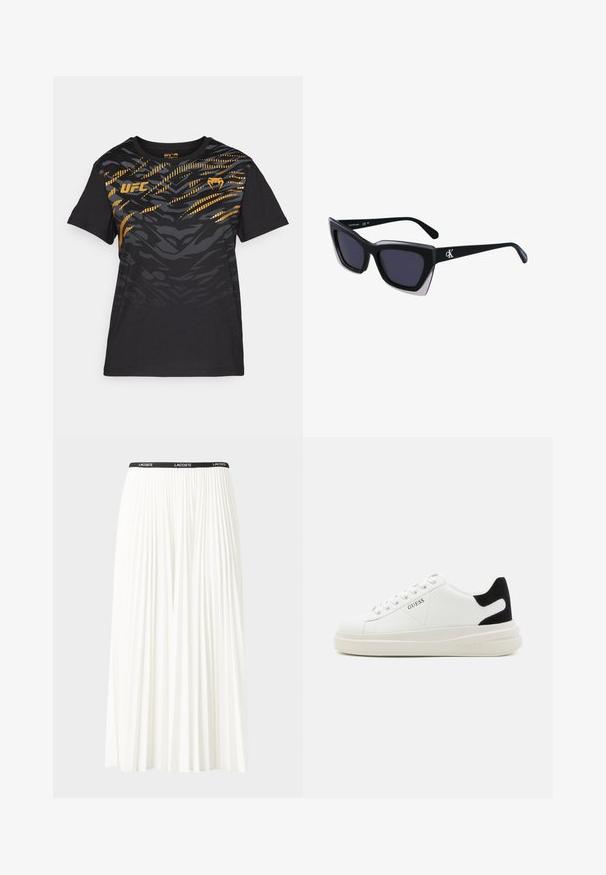 T-shirt preta de mangas curtas com um design abstrato texturizado em amarelo e cinza. Apresenta o logótipo da marca na frente. Feita de tecido suave.; Saia plissada branca com uma cintura elástica preta que apresenta o logótipo "LACOSTE". Design de comprimento médio com textura suave.; Sapatilhas brancas de couro com uma sola branca espessa, detalhe em camurça preta no calcanhar e logótipo em relevo na lateral. Design com atacadores e seis ilhós.; Óculos de sol oversized pretos com forma geométrica, apresentando lentes escuras e um detalhe cinza em contraste na armação. Logotipo na haste.