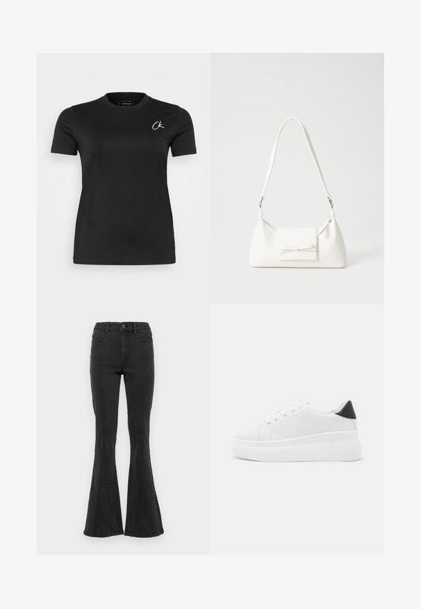 Mustad lühikeste varrukatega t-särk, mis on valmistatud puuvillast, esiküljel vasakul rinnal on valge tikandiga "CK" logo, ümmarguse kaelusega disain.; Mustad denimist laiad püksid kõrge vöökohaga, külgõmblustega ja puhta viimistlusega hemperites. Kanga pind on sile ja kerge venivusega.; Valged platvormsneakerid, mis on valmistatud siledast sünteetilisest materjalist, ovaalse toe, paelkinnise disaini ja tekstuurse kummitaldiga. Must kontsrihm.; Valge sünteetilisest materjalist kott kolmnurkse kujuga, lame esiklapiga ja kaaredetailiga, reguleeritava rihmaga, sileda tekstuuriga ja minimalistliku disainiga.