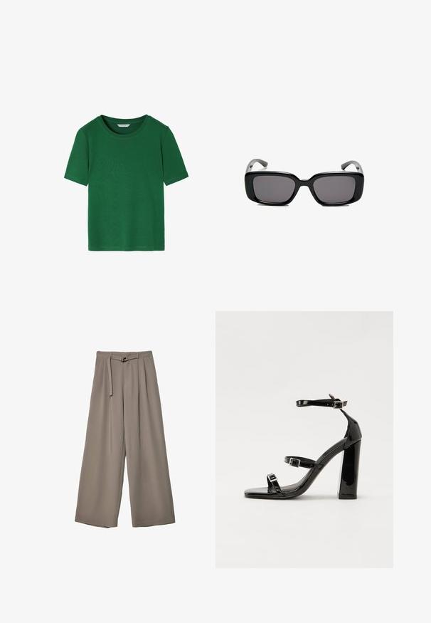 Zelené tričko s krátkym rukávom vyrobené z mäkkej textílie. Má okrúhly výstrih a voľný strih s čistými okrajmi. Bez vzorov a akcentov.; Široké nohavice v jemnej, tlmenej šedej tkanine, s opaskom v pase a vreckami pre dodatočný dizajnový detail. Hladký povrch, bez vzorov.; Čierne lakované sandále na podpätku so štvorcovou špičkou, navlečenými remienkami okolo členku a striebornými prackami. Disponujú masívnym blokovým podpätkom pre stabilitu.; Čierne obdĺžnikové slnečné okuliare s tmavými sklami, hladkým plastovým rámom a zakrivenými stranami. Dizajn je robustný s minimalistickou estetikou.