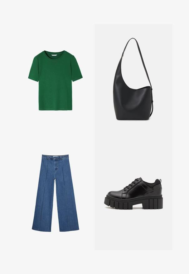 Grøn kortærmet t-shirt lavet af blødt stof. Har en rund halsudskæring og en afslappet pasform med rene kanter. Ingen mønstre eller accenter.; Bredde ben denim jeans i mellemblå, med høj talje, knaplukning og kontrasterende lodrette sømdetaljer foran.; Sorte læder platform sko med en klodset blokhæl, rund tå og traditionelt snøredesign. Har en glat tekstur og minimal detaljering.; Sort læder hobo taske med en glat overflade, buet form og en enkelt justerbar rem; har en bred åbning øverst.