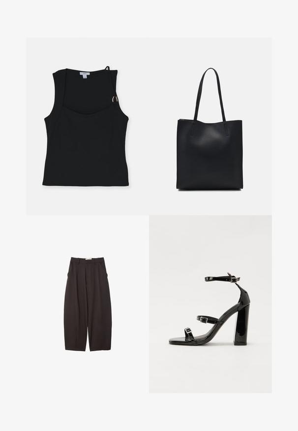Črna brezrokavna majica s kvadratnim izrezom, ki vključuje detajl z vozlom na naramnicah in zlatimi dodatki. Narejena iz gladkega, raztegljivega materiala.; Črne široke hlače iz gladkega materiala, z visokim pasom, zgornjimi pregibi in stranskimi žepi. Preprost dizajn brez okrasnih elementov.; Črne lakirane sandale s peto, kvadratnim prstom, trakovi okrog gležnja in srebrnimi zaponkami. Opremljene so s stabilno Debelo peto.; Črna usnjena torba s svilnato teksturo, pravokotne oblike in dvema dolgima ročajema. Brez vidnih metalnih delov ali okrasnih elementov.
