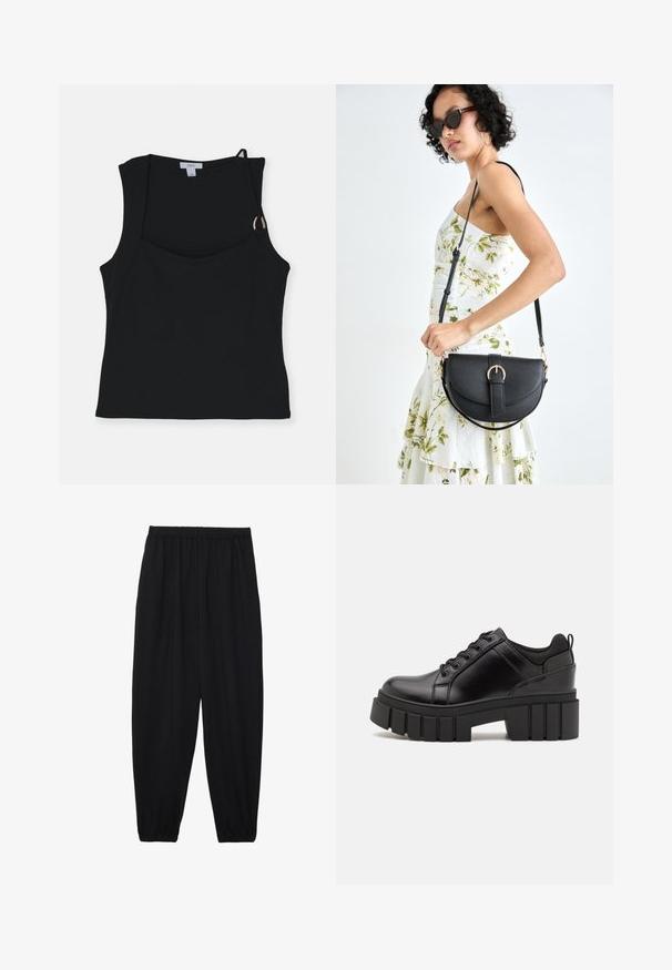 Juodas be rankovių topas su kvadratine iškirpte, turintis surišimo iškirptės detalę ir auksinius aksesuarus. Pagamintas iš sklandžios, tampraus audinio.; Juodi, lengvi kelnių su elastinga juosmens juosta ir surinktais kulkšniais. Audinys yra lygus ir turi atsipalaidavusį, siaurėjantį dizainą.; Juodi odiniai platformos batai su masyviu blokuota kulniuku, apvalia nosimi ir tradiciniu šnypštimo dizainu. Turintys glotnų paviršių ir minimalų dekoravimą.; Juodas odinis krepšys su išlenkta forma, nuimamu dirželiu ir auksiniais detalėmis. Krepšys turi kilpą su sagtimi.