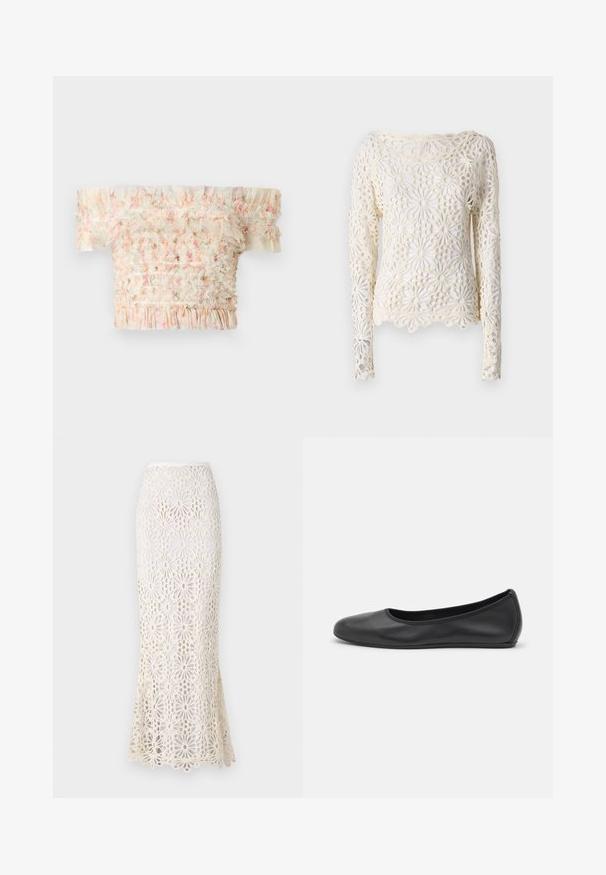 Haut décoletté avec des bords volants, présentant un design smocké dans des couleurs pastel, en tissu léger et à finition texturée.; Norma Kamali T-shirt à manches longues - cream; Norma Kamali OBIE LONG SKIRT - Jupe longue - cream; Ballerines en cuir noir avec un bout rond, texture lisse, détails de couture minimalistes et design de semelle flexible.