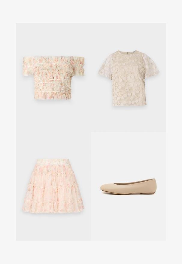 Top senza spalline con bordi arricciati, caratterizzato da un design smock in colori pastello, tessuto leggero e finitura testurizzata.; Blusa beige con ricami floreali, maniche a sbuffo trasparenti, scollatura tonda e chiusura con cerniera sul retro. Motivo floreale testurizzato sul pannello anteriore.; Needle & Thread DITSY SMOCKED MICRO MINI SKIRT - Minigonna - moonshine pink; Ballerine in pelle beige con punta arrotondata, dettagli di cucitura minimi, tacco basso e logo discreto sul retro. Texture liscia e opaca.