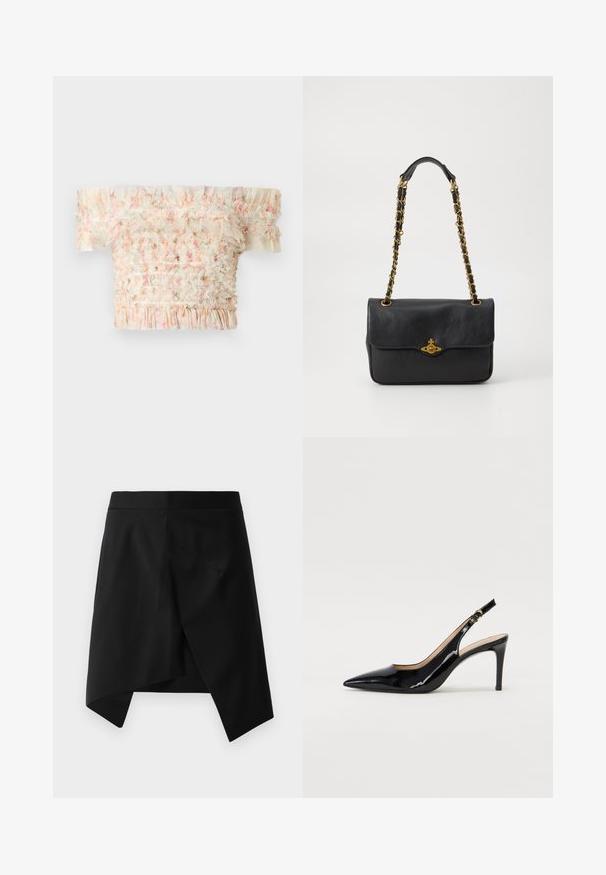 Nuogaus pečių viršus su volangais, pasižymintis smulkiai susiraukšlėtu dizainu pastelinių spalvų, lengvas audinys ir tekstūruotas paviršius.; Juoda asimetriška sijonas su lygiu paviršiumi, turintis aštrų trikampį apatinį kraštą ir minimalistišką dizainą. Lygus juosmuo, be matomų detalizuotų elementų.; Juodas lakinės odos slingback batelis su smailiu nosiu, plonu kulnu ir subtiliu išpjovos dizainu. Yra auksinė sagtis ant dirželio.; Juodas odinis rankinukas su užlenkiama sklende, auksinės spalvos grandinėlė ir logotipo detalių dekoracija priekyje. Lygi tekstūra.