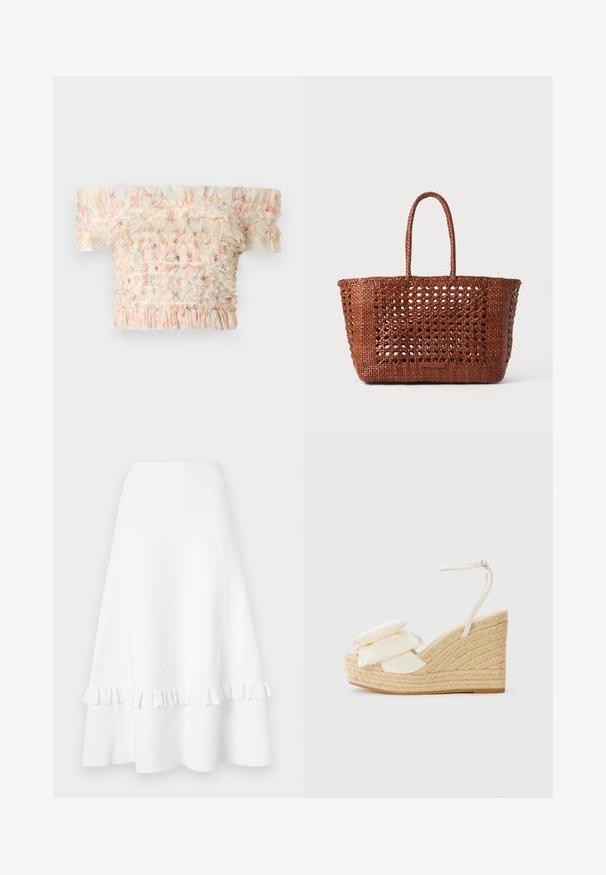 Off-Shoulder-Oberteil mit Rüschenkanten, mit einem gerafften Design in sanften Farben, leichtem Stoff und strukturierter Oberfläche.; Weißer, ausgestellter Rock aus strukturiertem Stoff, mit Rüschensaum und Lochmuster, sanftem Bund und knielangem Schnitt.; Keilsandale mit einer natürlichen Jute-Plattform, cremefarbenem Stoff-Obermaterial und zwei geschichteten Blumenakzenten; verfügt über einen dünnen Fesselriemen mit Schnalle.; Geflochtene braune Tragetasche mit offenem Muster, rechteckiger Form und zwei geflochtenen Griffen. Verfügt über einen stabilen Boden für Unterstützung.