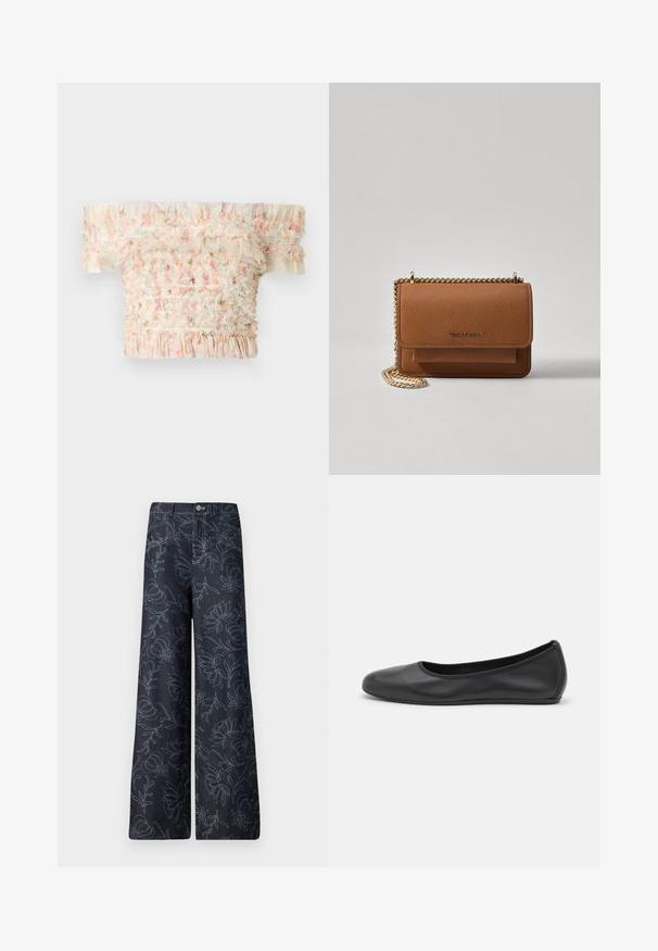 Top bez ramienok s volánmi, so smockovaným dizajnom v pastelových farbách, z ľahkého materiálu a s textúrovaným povrchom.; Tmavé džínsové nohavice so širokými nohavicami, na ktorých je vyšitý kvetinový vzor v svetlom modrom odtieni. Klasický dizajn s piatimi vreckami a zapínaním na prednej strane.; Čierne kožené baleríny s okrúhlou špičkou, hladkým povrchom, minimálnym prešívaním a flexibilným dizajnom podrážky.; Hnedá textúrovaná kožená taška cez telo s zlatým reťazovým popruhom a preklopným uzáverom. Predná strana obsahuje detail s logom a vrecko pod preklopkou.