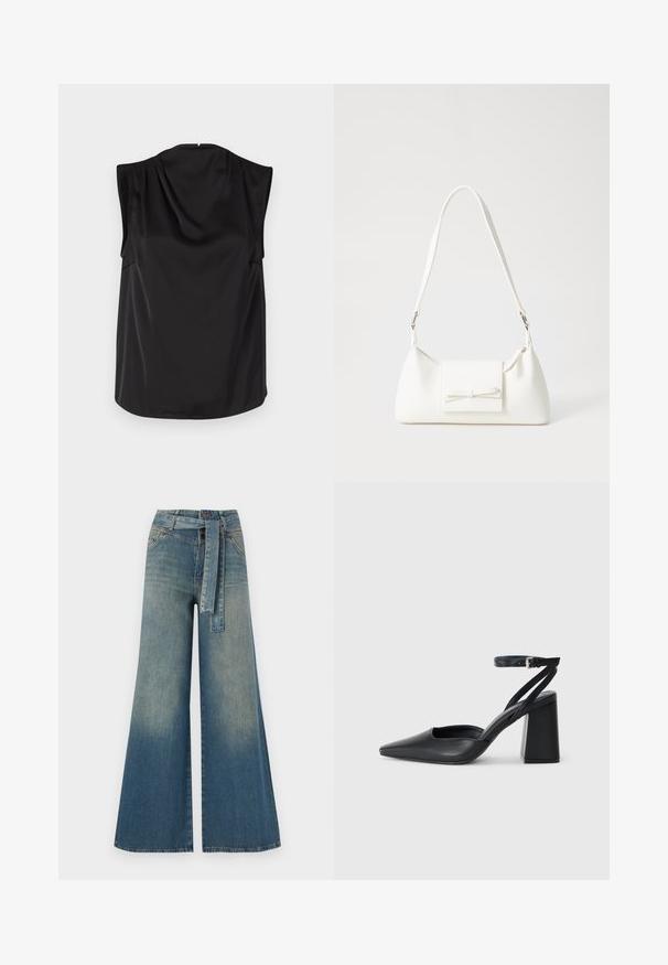Μαύρη αμάνικη μπλούζα από σατινέ ύφασμα. Ελαφρώς πτυχωμένη πλάτη, στρογγυλή ραφή, απαλός υφή και μίνιμαλ σχεδιασμός χωρίς ορατές κλείσεις.; Πολυάριθμα τζιν παντελόνια με φαρδύ πόδι που διαθέτουν ένα ελαφρύ έως σκούρο μπλε gradient, ψηλή μέση, θηλιές ζώνης και μια ταιριαστή ζώνη από το ίδιο ύφασμα. Υφή τζιν.; Μαύρο δερμάτινο ψηλοτάκουνο παπούτσι με οξύ μυτερό τόξο, λουράκι στον αστράγαλο και χοντρό τακούνι. Λείος υφασματισμός, κομψός σχεδιασμός και μινιμαλιστική αισθητική.; Λευκή συνθετική τσάντα σε τριγωνικό σχήμα, με επίπεδη μπροστινή καπάκι και λεπτομέρεια φιόγκου, ρυθμιζόμενο λουράκι, απαλή υφή και μινιμαλιστικό σχέδιο.