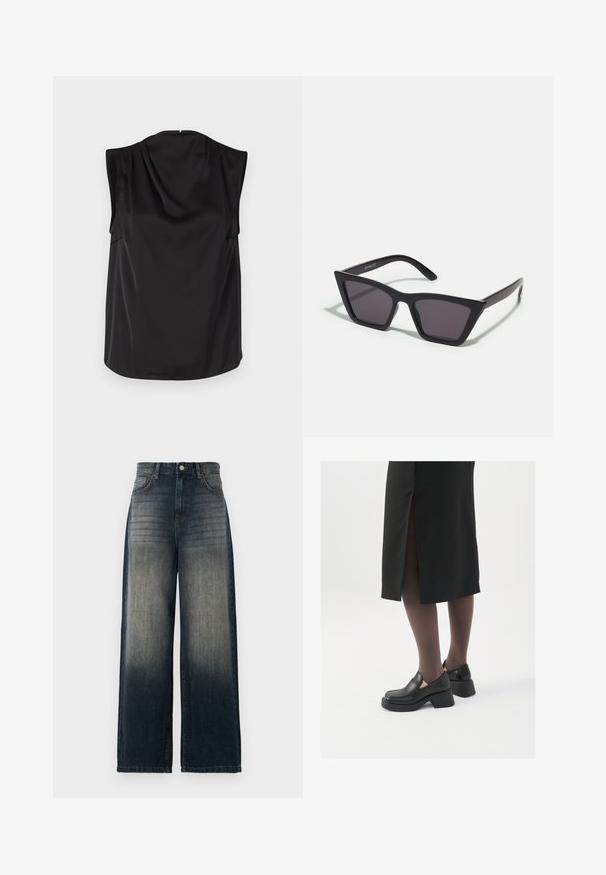 Černý top bez rukávů vyrobený z hedvábné tkaniny. Lehce splývavý zadní díl, zaoblený lem, hladká textura a minimalistický design bez viditelných zapínání.; Kraťasy s širokými nohavicemi z tmavého denimu, se zesvětlenou gradientní barvou od tmavé po světlejší, pěti kapsami a kontrastním švem.; Černé kožené boty s kulatou špičkou, silným blokovým podpatkem a elastickými bočními akcenty, spárované s tmavými punčochami a černou sukní se rozparkem.; Černé, ostré sluneční brýle s šedými skly; vyrobené z plastu, s mohutnými rameny a hladkým povrchem bez viditelného hardwaru.