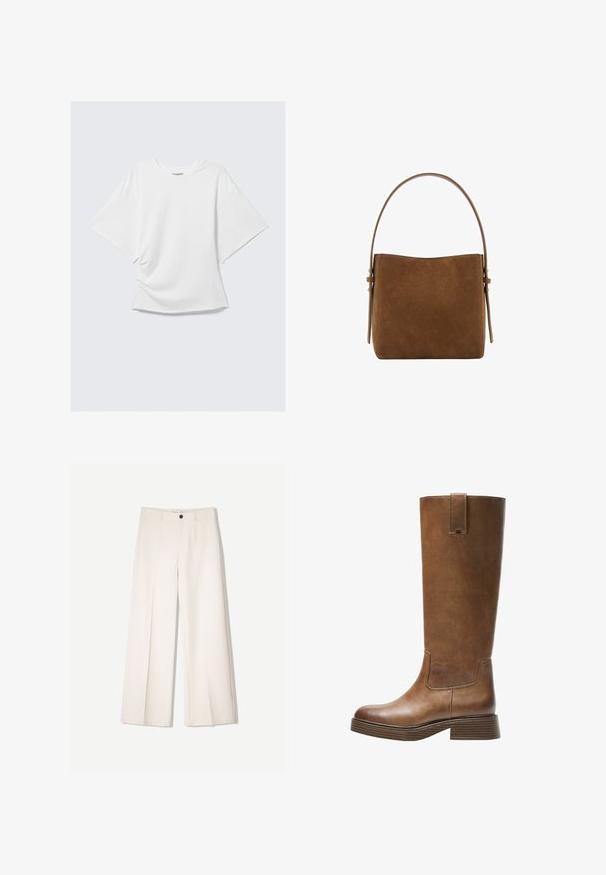White oversized short-sleeve crew neck T-shirt with a loose fit, displayed flat against a light gray background.; Cream wide-leg trousers with a tailored design, featuring two front pockets and a single front button closure, made from smooth fabric.; Brown leather knee-high boot with a rounded toe, textured surface, and a stacked low heel. Features a side panel and pull tab at the top.; Mango Handbag - brown
