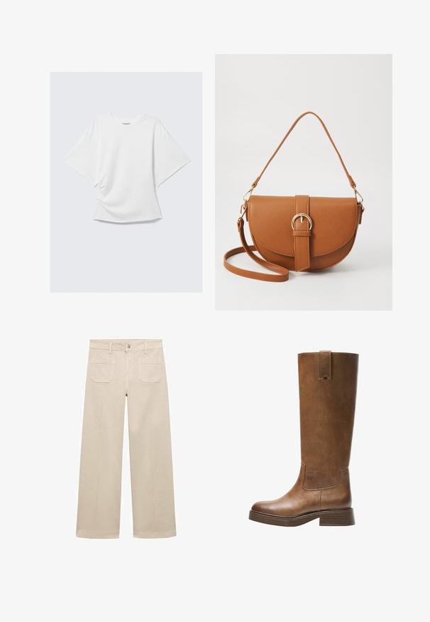 Witte oversized T-shirt met korte mouwen en ronde hals, met een losse pasvorm, plat weergegeven tegen een lichtgrijze achtergrond.; Beige wijde broek van katoen. Voorzien van een rits, een knoop aan de voorkant en twee opgestikte zakken op de achterkant. Schoon afgewerkt zonder versieringen.; Bruine leren laars tot de knie met een ronde neus, gestructureerd oppervlak en een lage, gestapelde hak. Beschikt over een zijpaneel en een aantrektap aan de bovenkant.; Bruine leren schoudertas met een gebogen vorm, gouden hardware en een gespaccent. Bevat een afneembare schouderriem.