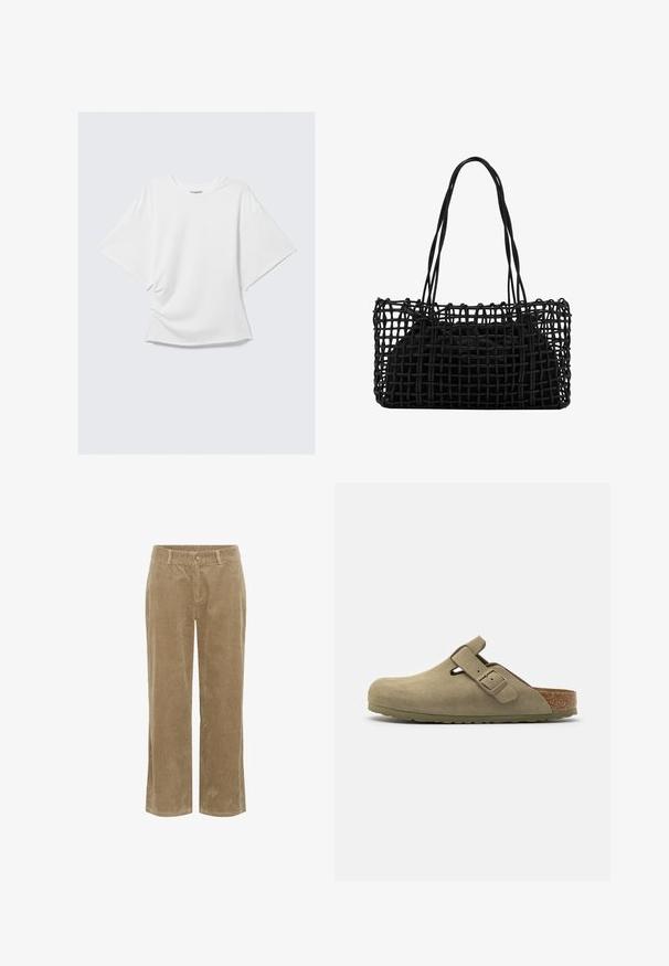 Witte oversized T-shirt met korte mouwen en ronde hals, met een losse pasvorm, plat weergegeven tegen een lichtgrijze achtergrond.; Beige corduroy broek met riemlussen, knoopsluiting aan de voorkant, ritssluiting en rechte pijpen.; Olijfgroene suede clog met een ronde neus, verstelbare band, kurken voetbed en gestructureerde rubberen zool, met een gladde afwerking en uitsnijdetails.; Zwarte geweven handtas met een open netontwerp en twee lange handvatten. Bevat een solide zwarte binnenzak voor opbergruimte.